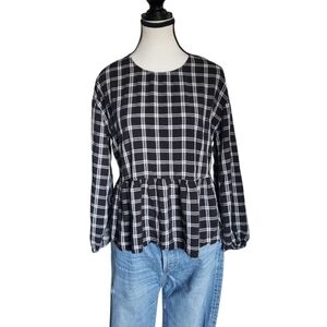 LOFT Black & White Plaid Women's Long Sleeve Peplum Preppy Academia Top Size M